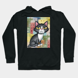 Black and white kitty cat with a cityscape with orange and yellow Hoodie